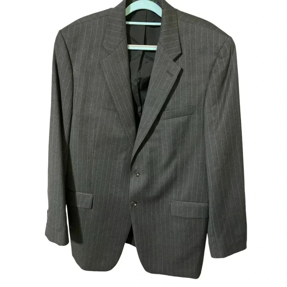 Lauren Ralph Lauren Blazer 46L Grey Pinstripe 100% Wool Two Button Jacket Vtg
